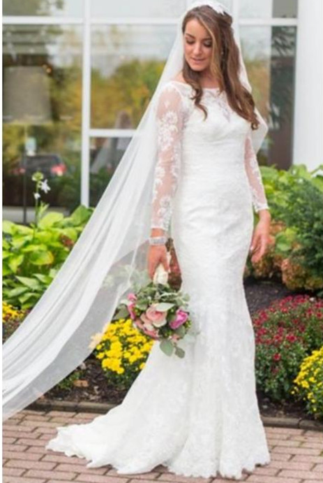 Illusion Neckline Long Sleeves Fit And Flare Sweep Train Lace Wedding 
