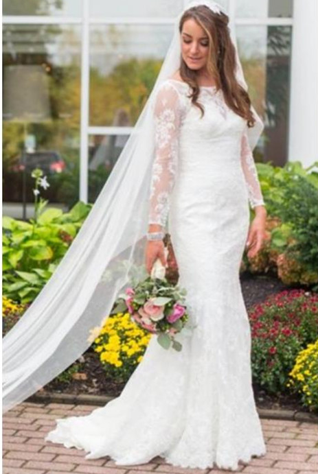 Illusion Neckline Long Sleeves Fit And Flare Sweep Train Lace Wedding Gown On Luulla 1206